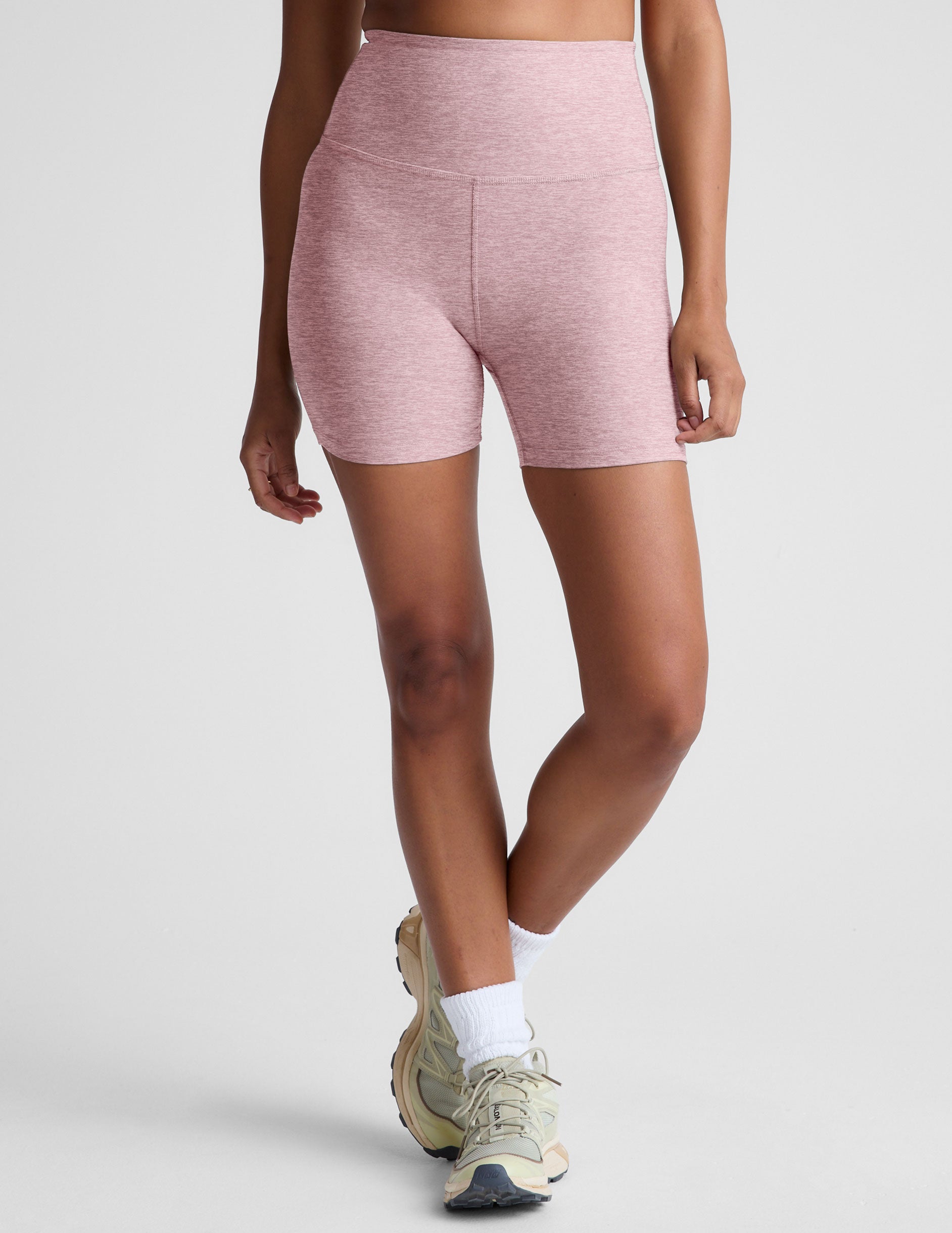 pink high-waisted 5" inseam biker shorts. 