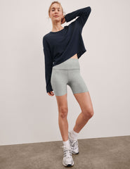 gray high-waisted 5" length biker shorts. 