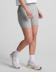 gray high-waisted 5" length biker shorts. 