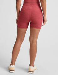 red high-waisted 5" inseam biker shorts with a drawstring at waistband and side pockets. 