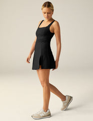 black mini dress with slit as side