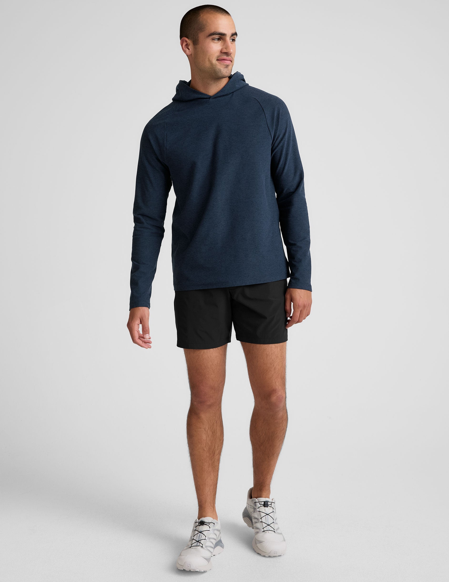 blue men's hooded pullover.