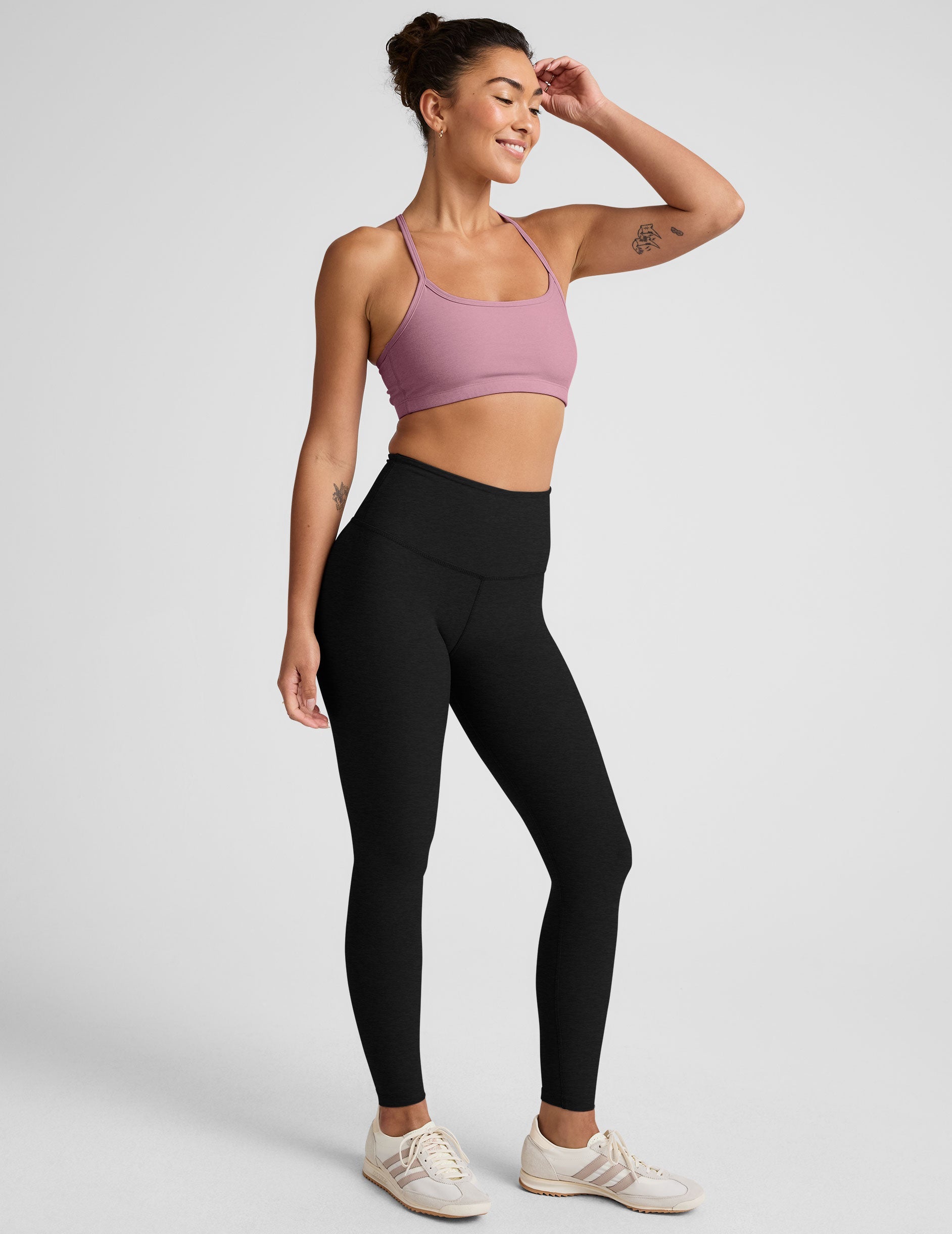 pink racerback bra with slim straps.