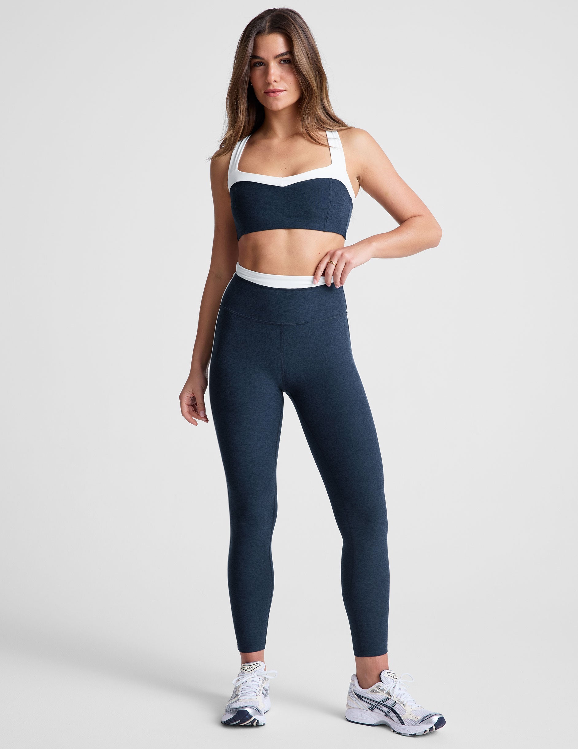 navy blue bra top with a colorblock sweetheart neckline.