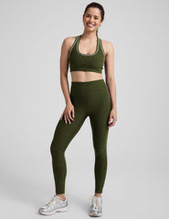green racerback bra with white contrast trim.