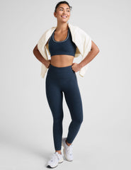 blue scoop neck racerback bra with white contrast trim.