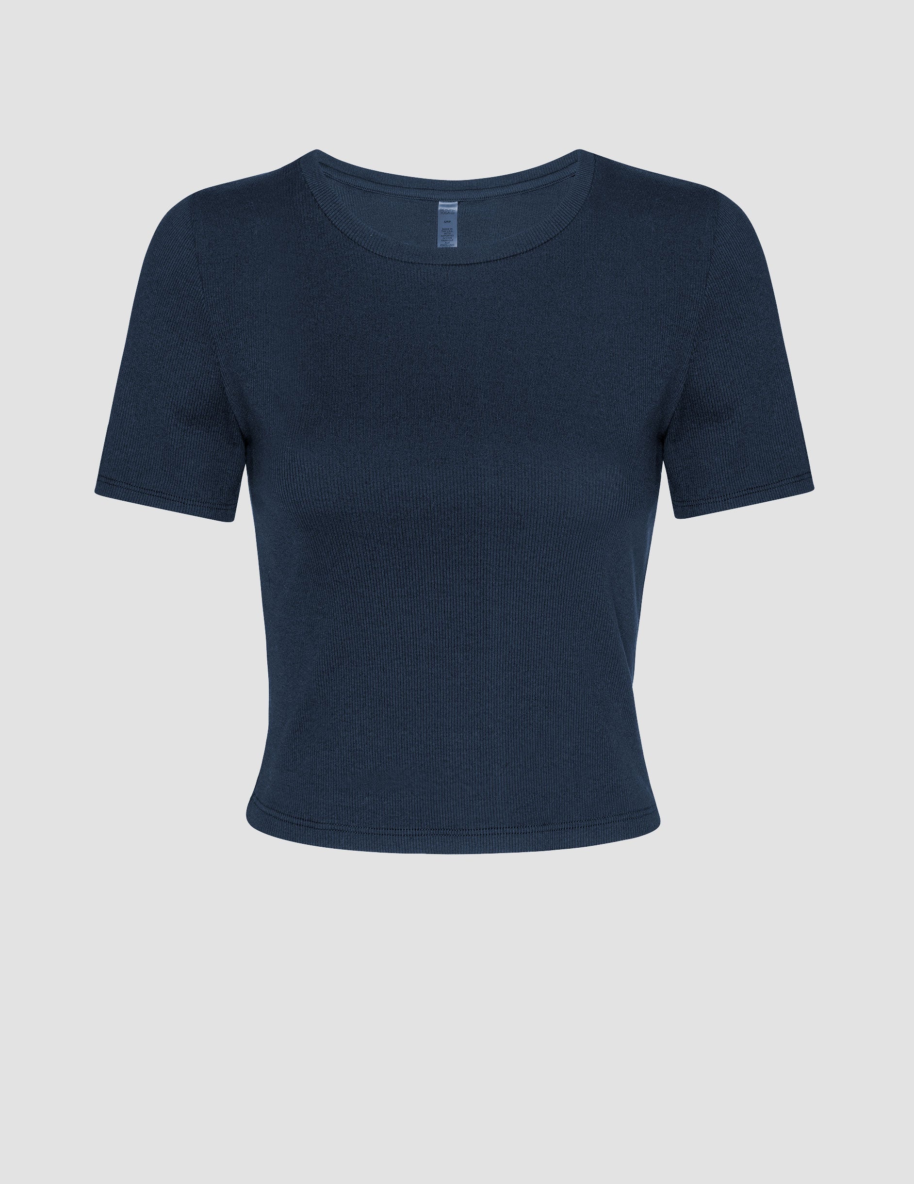 blue ribbed cropped top with a scoop neckline.