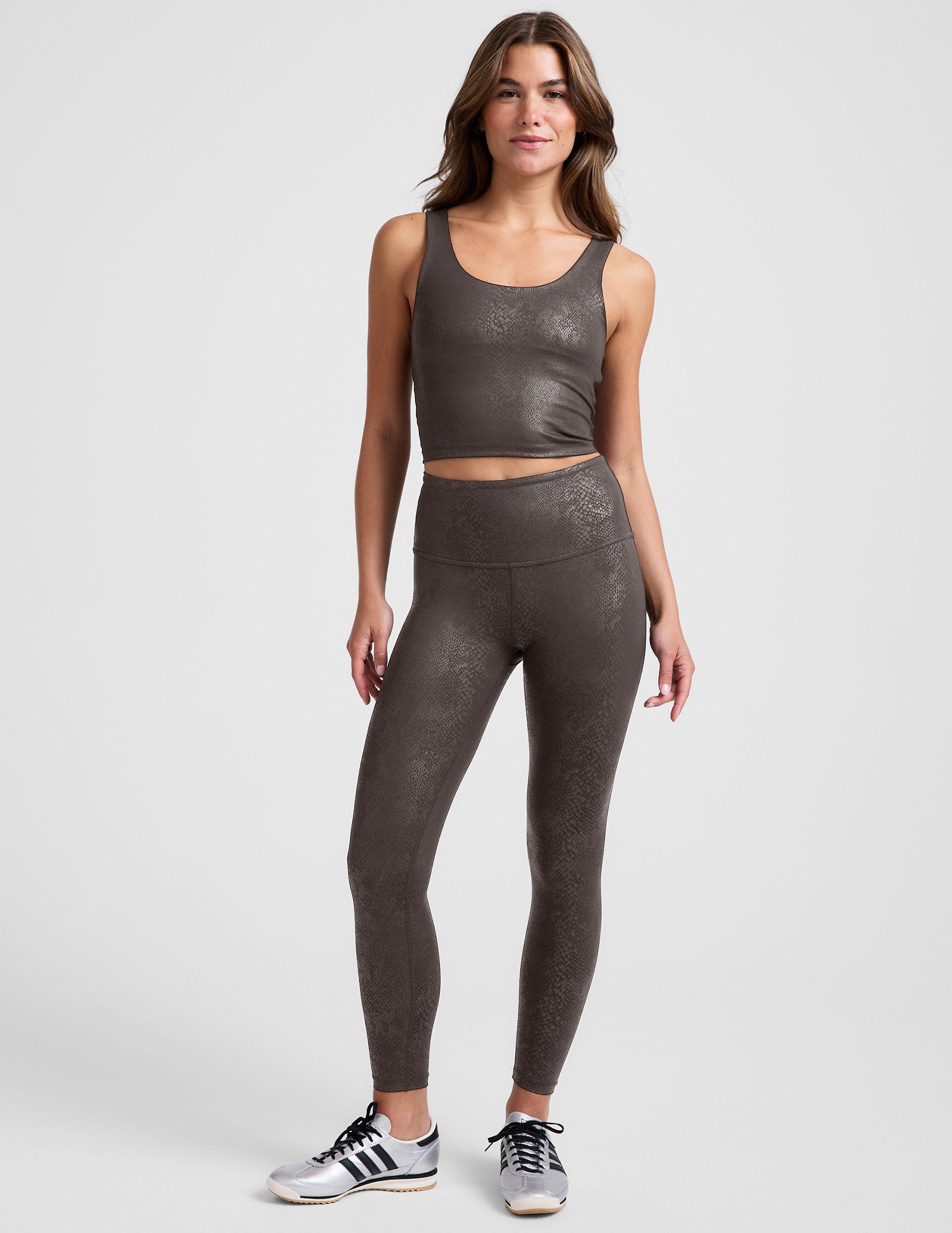 brown viper printed scoop neck cropped tank.